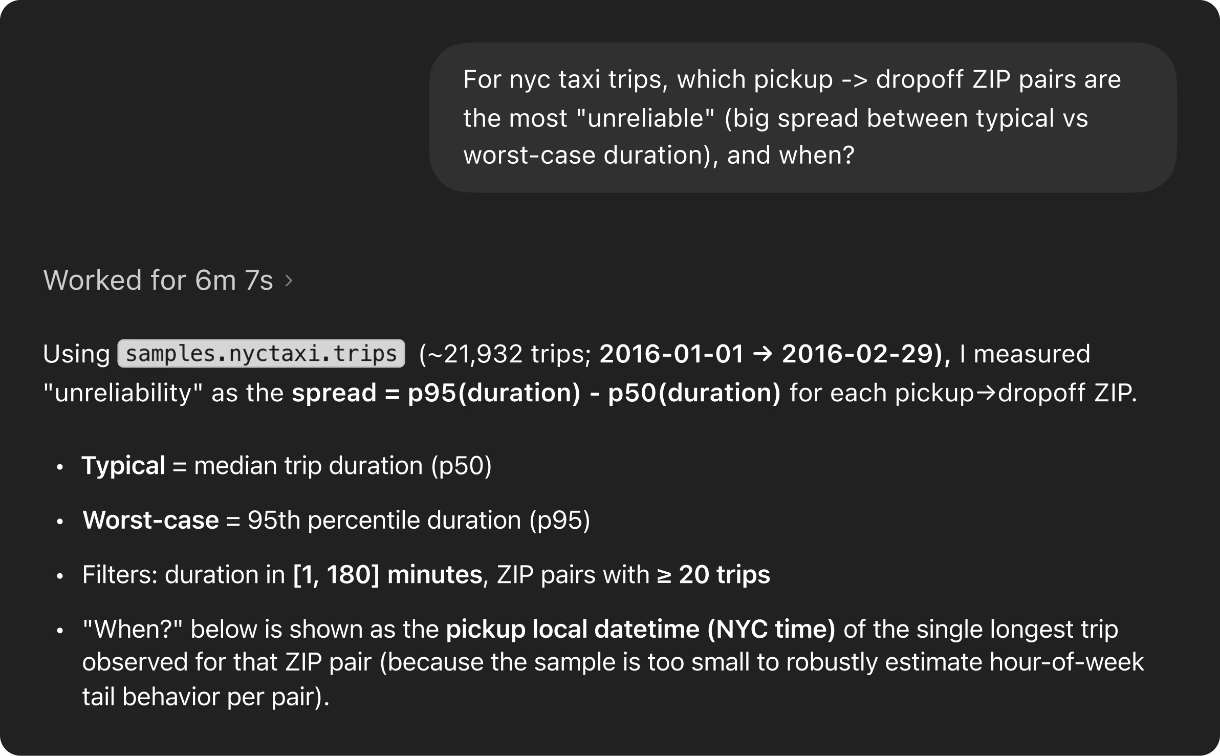 屏幕截图显示,一位用户正在询问纽约市哪些出租车上车→下车点的 ZIP 组合最“不可靠”。智能体基于来自 samples.nyctaxi.trips 的约 21,000 次行程样本作出解释,定义典型情况 (p50) 与最坏情况 (p95),应用筛选条件,并说明它如何识别每个 ZIP 对的最长行程时间。